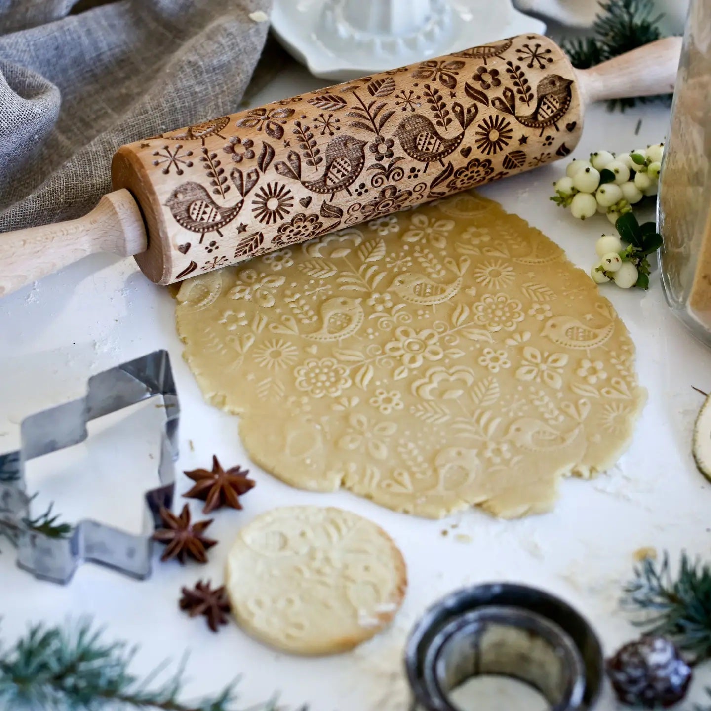 Scandinavian Birds and Flowers Embossing Rolling Pin